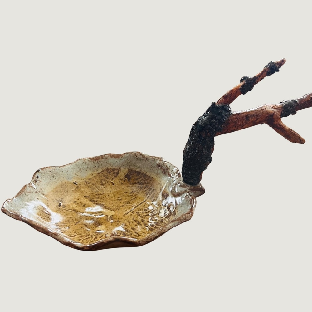 Handmade Studio Pottery Leaf Dish with Natural Wood Branch Handle Rustic Brown